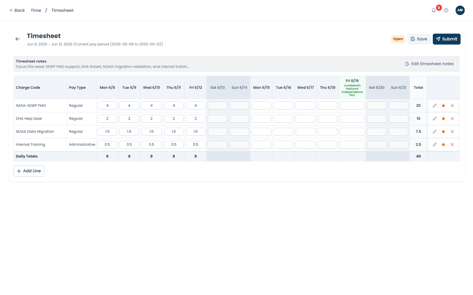 CabuzTime timesheet entry screen with authorized charge codes and daily hour inputs
