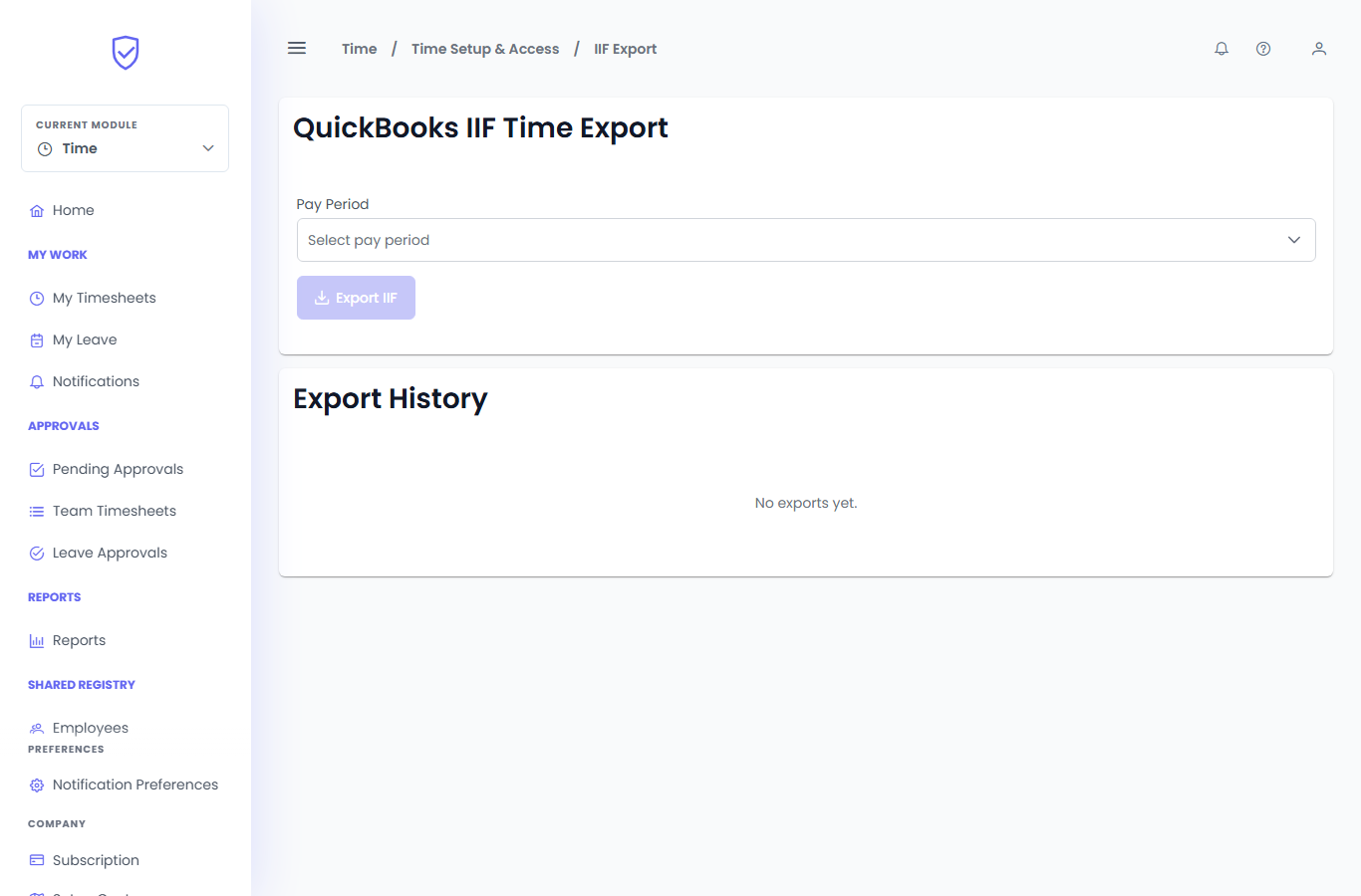 CabuzTime payroll export screen showing approved time export controls