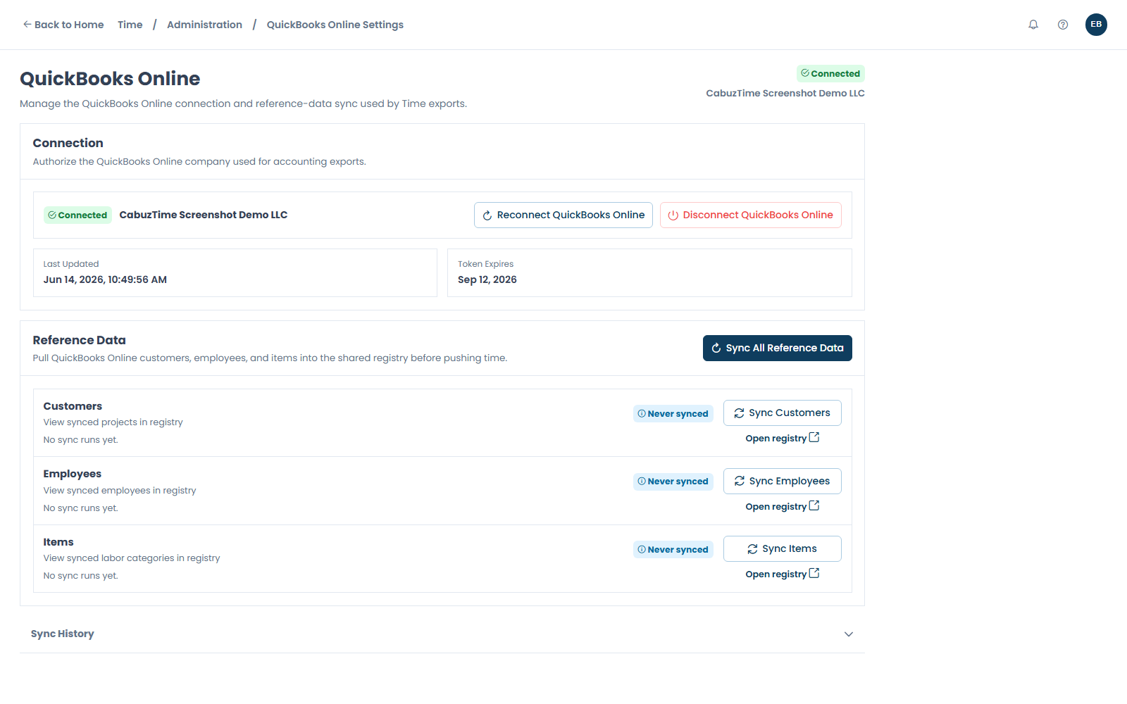 CabuzTime QuickBooks Online settings screen with connected company and sync controls