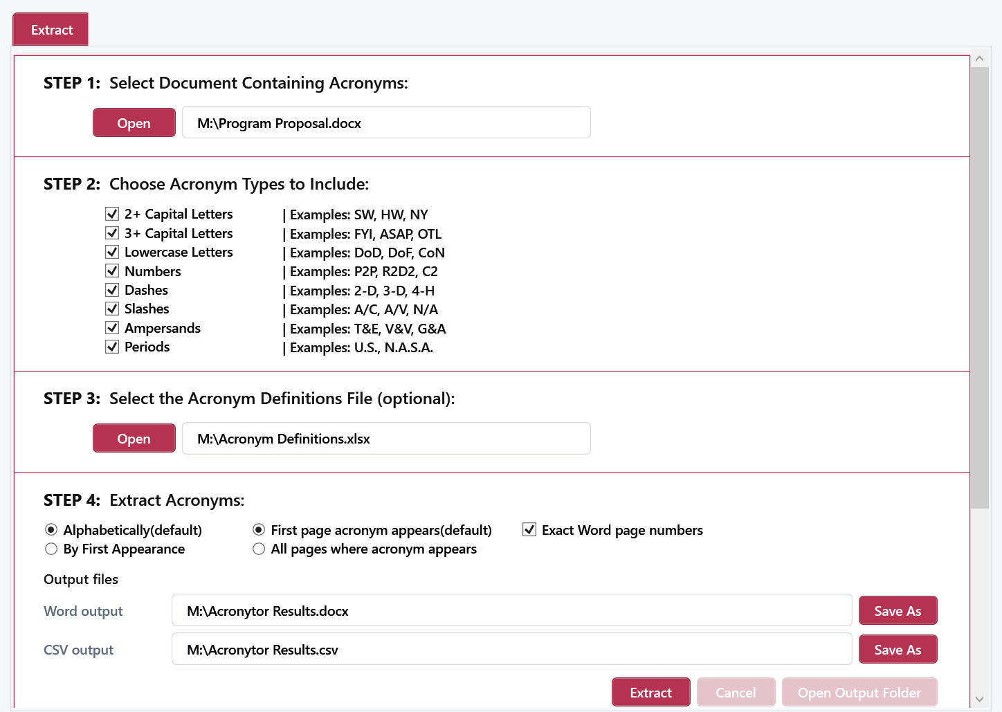 Acronytor Extract workflow showing document selection, acronym type options, a definitions file, and output settings