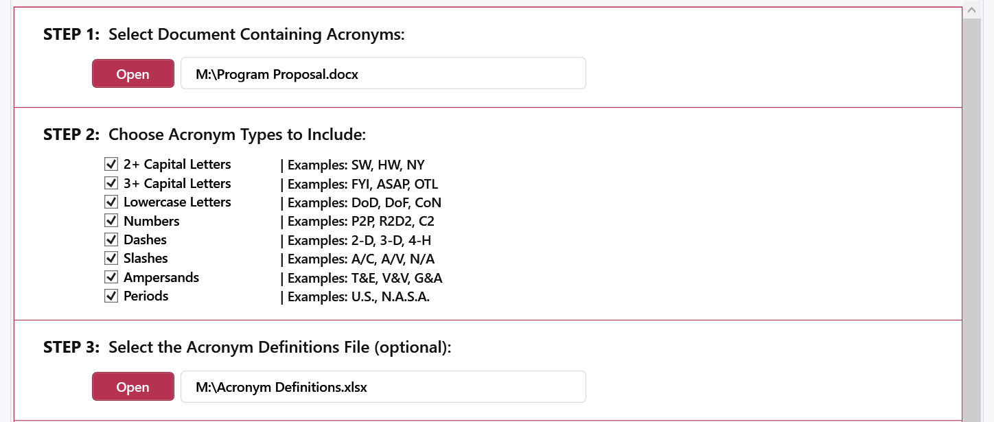 Acronytor with a Word proposal document selected and acronym type options chosen